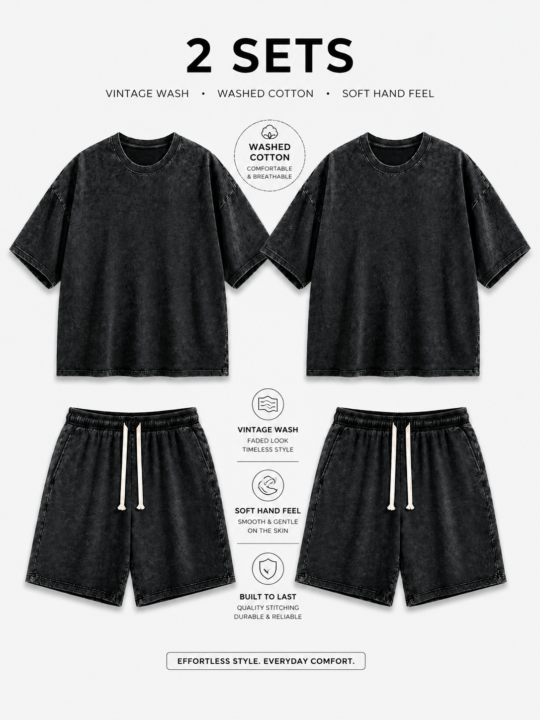 2-Sets Men's Washed Cotton T-shirt & Shorts Set