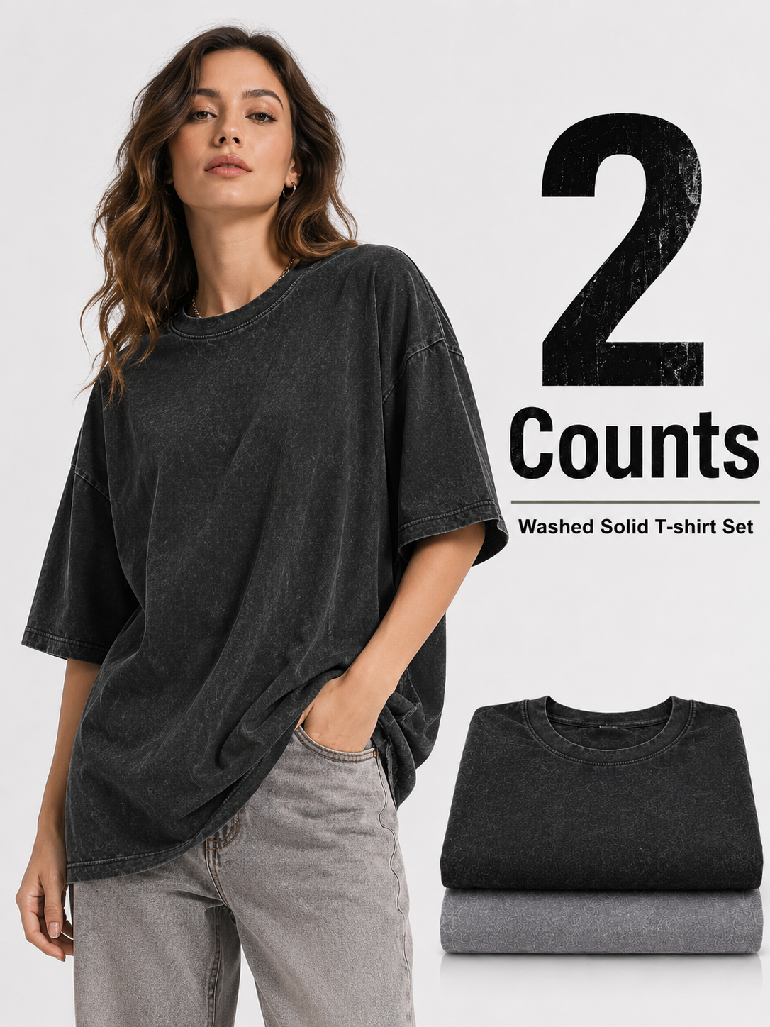 2-Piece Women's Mixed Color Washed Cotton T-Shirt