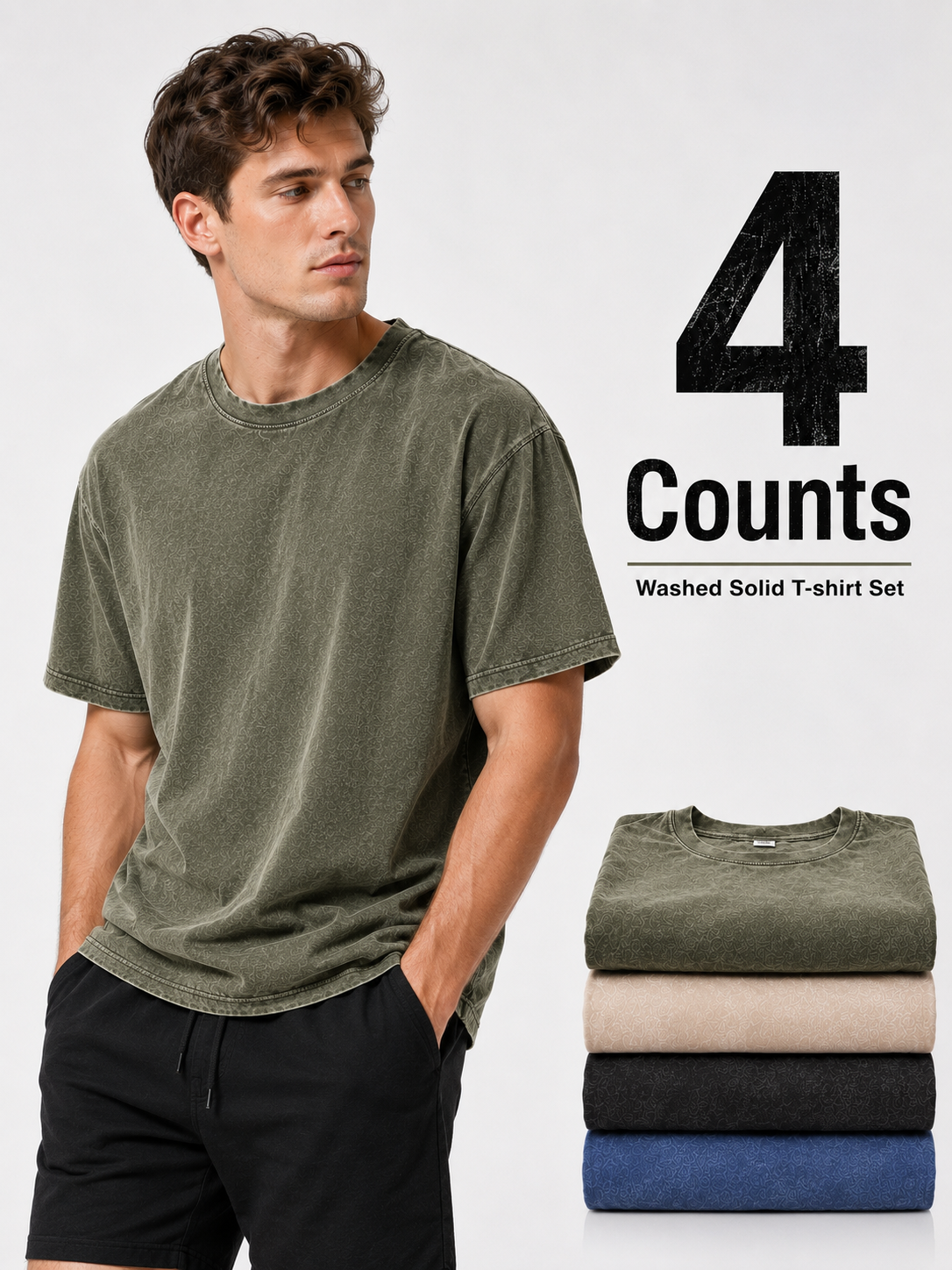 4-piece men's mixed color washed cotton T-shirt