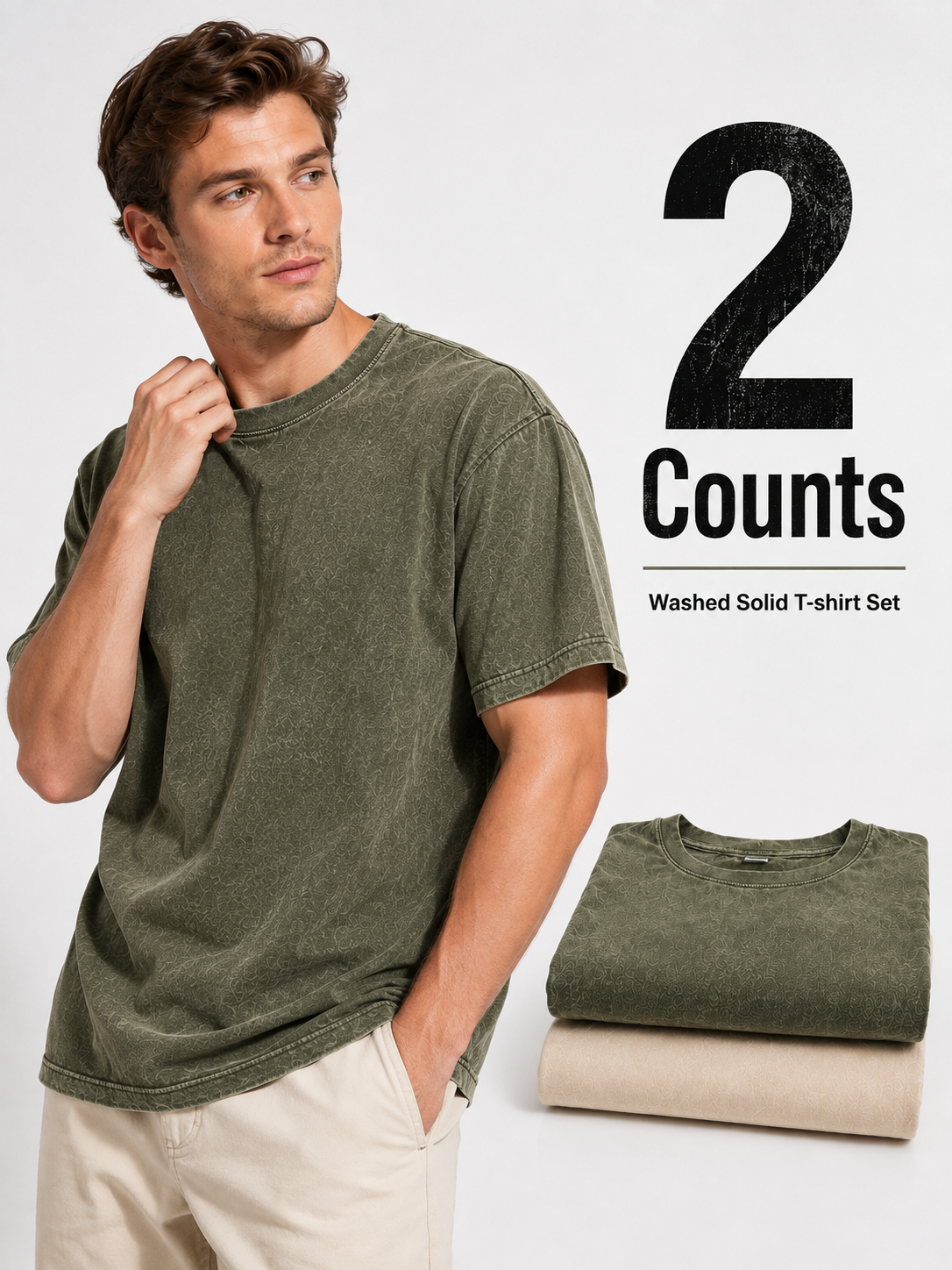 2-piece men's mixed color washed cotton T-shirt