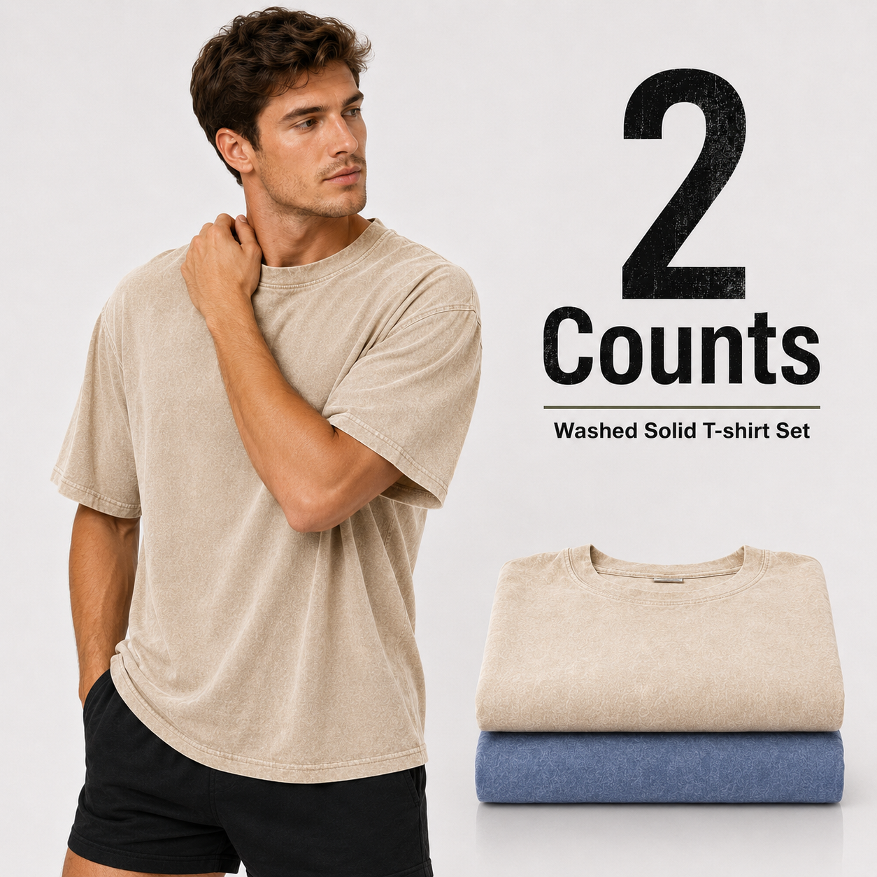 2-piece men's mixed color washed cotton T-shirt