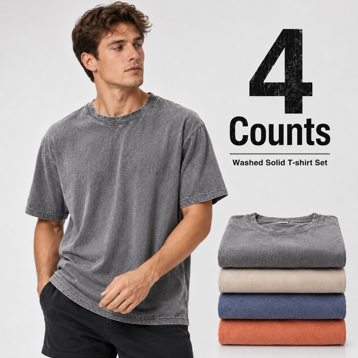 4-piece men's mixed color washed cotton T-shirt