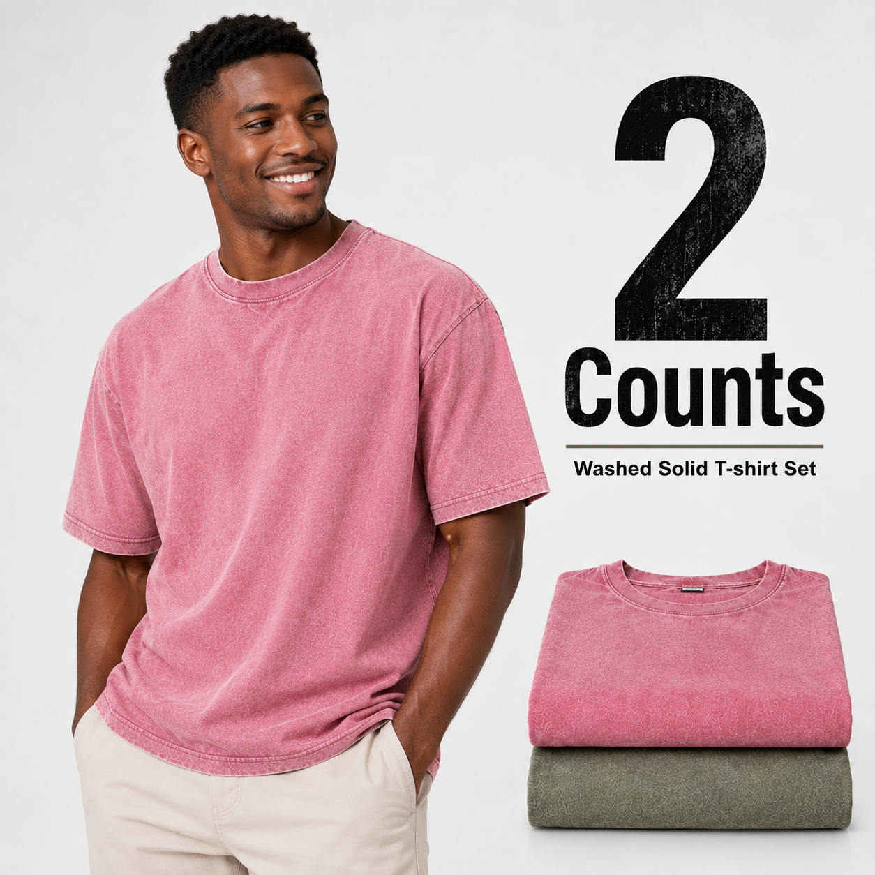 2-piece men's mixed color washed cotton T-shirt
