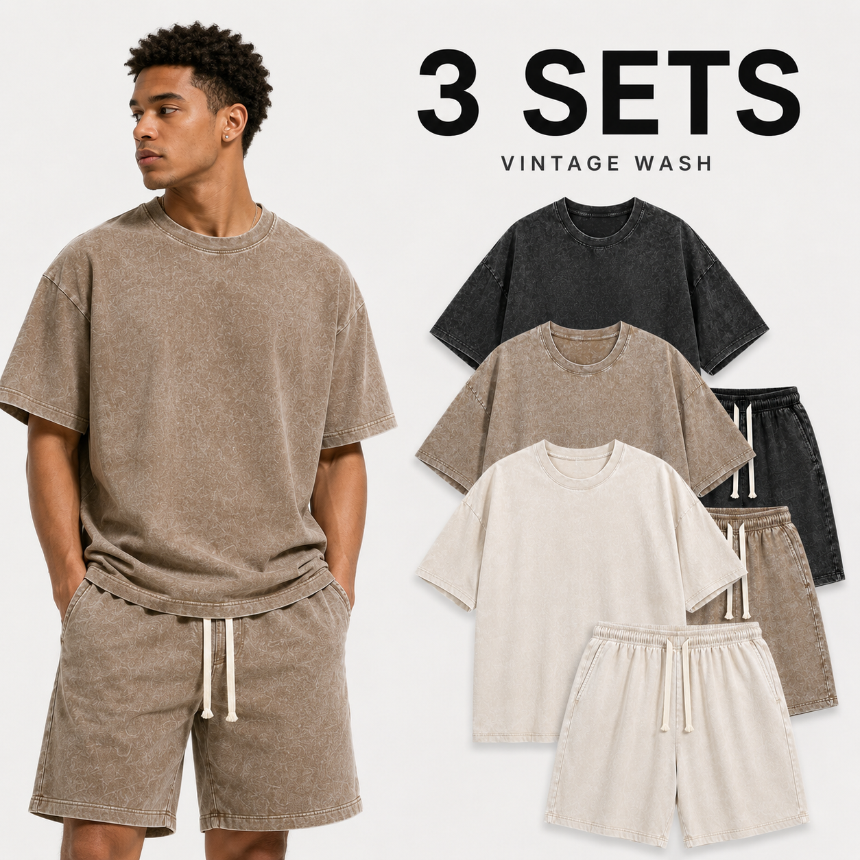 3-Sets Men's Washed Cotton T-shirt & Shorts Set
