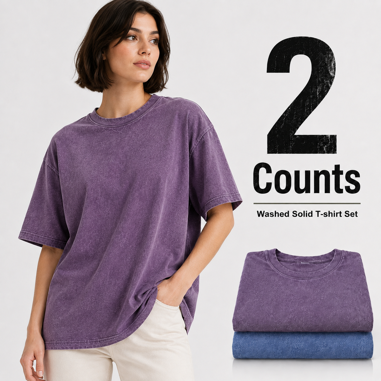 2-Piece Women's Mixed Color Washed Cotton T-Shirt