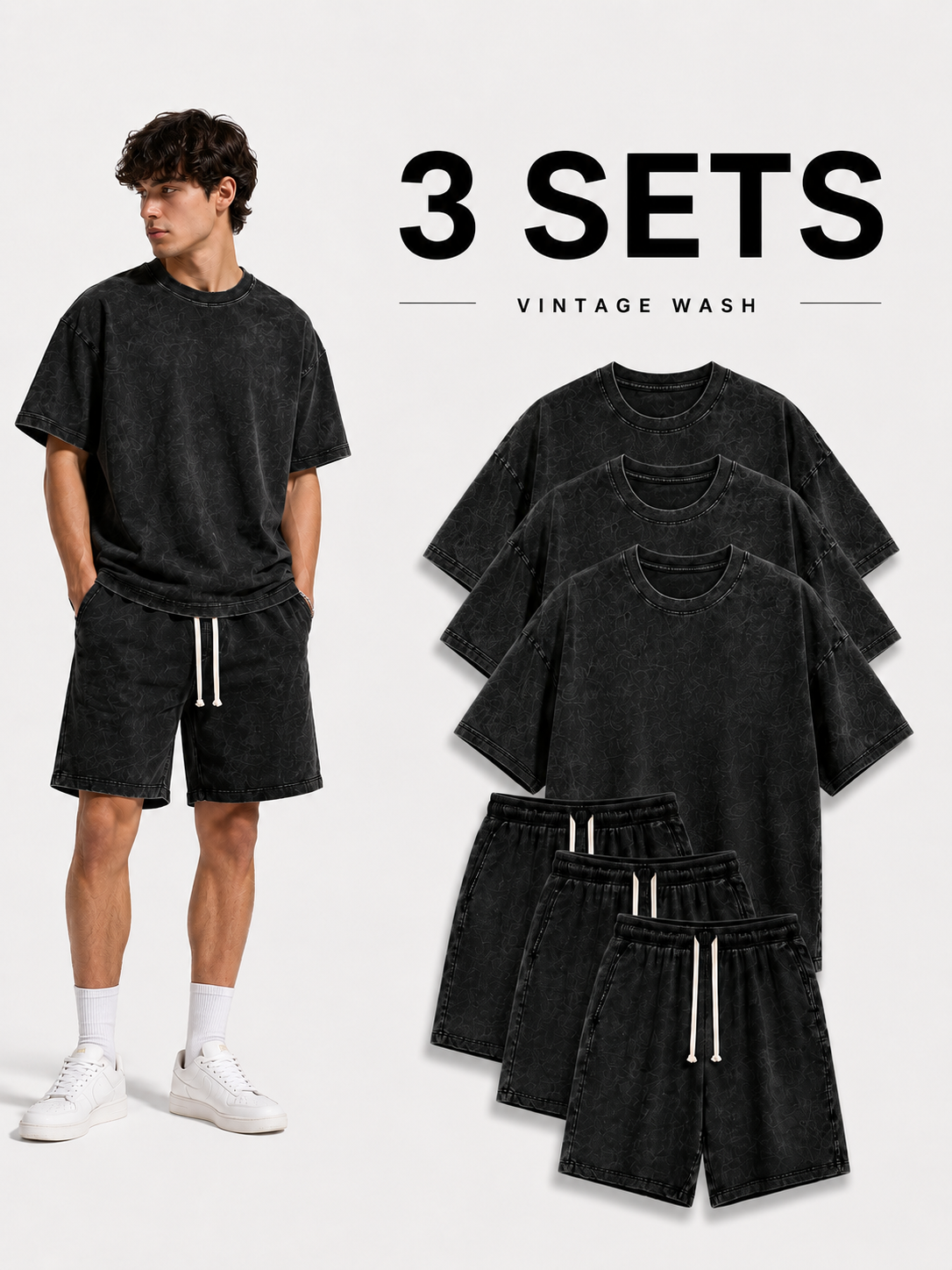 3-Sets Men's Washed Cotton T-shirt & Shorts Set