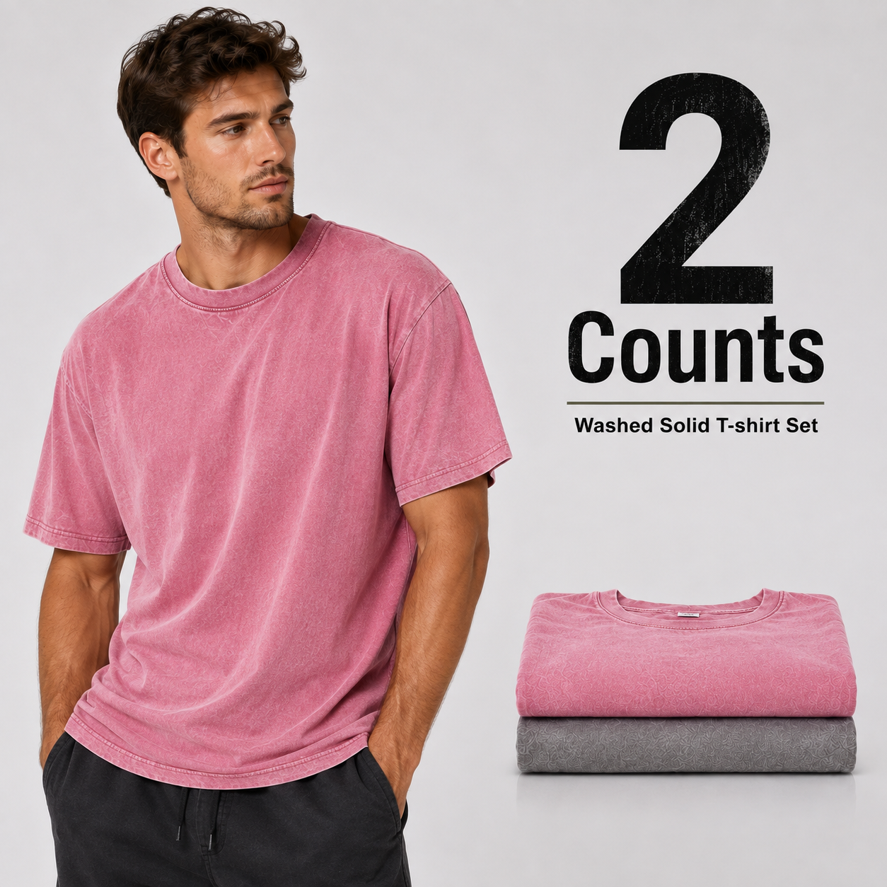 2-piece men's mixed color washed cotton T-shirt