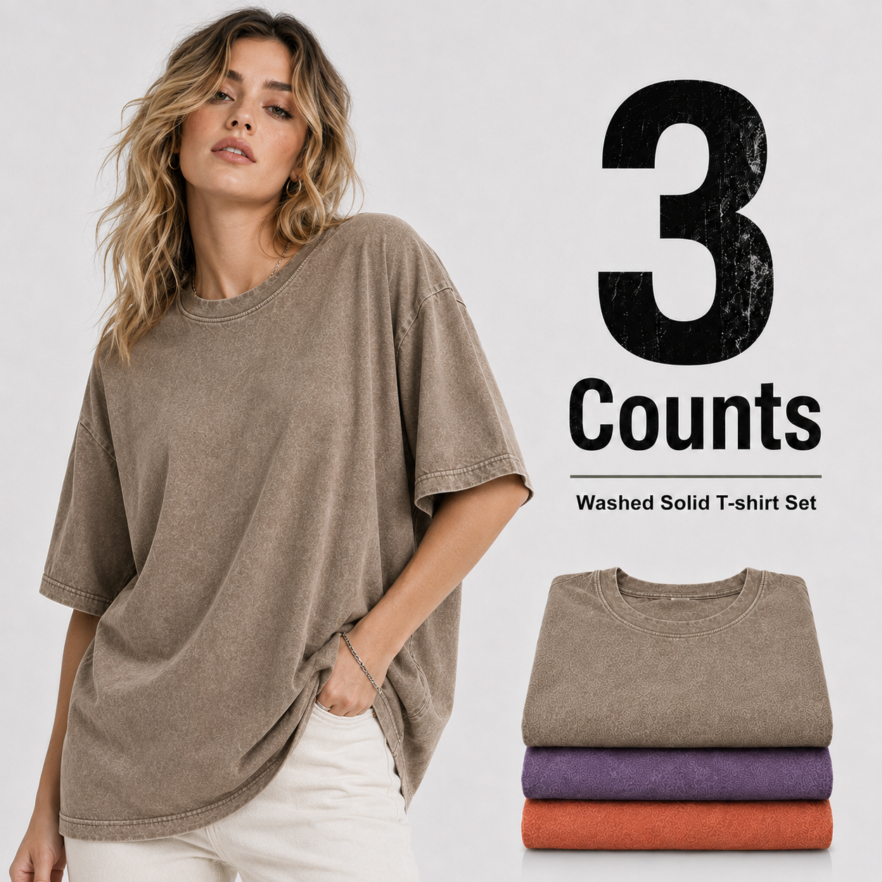 3-Piece Women's Mixed Color Washed Cotton T-Shirt