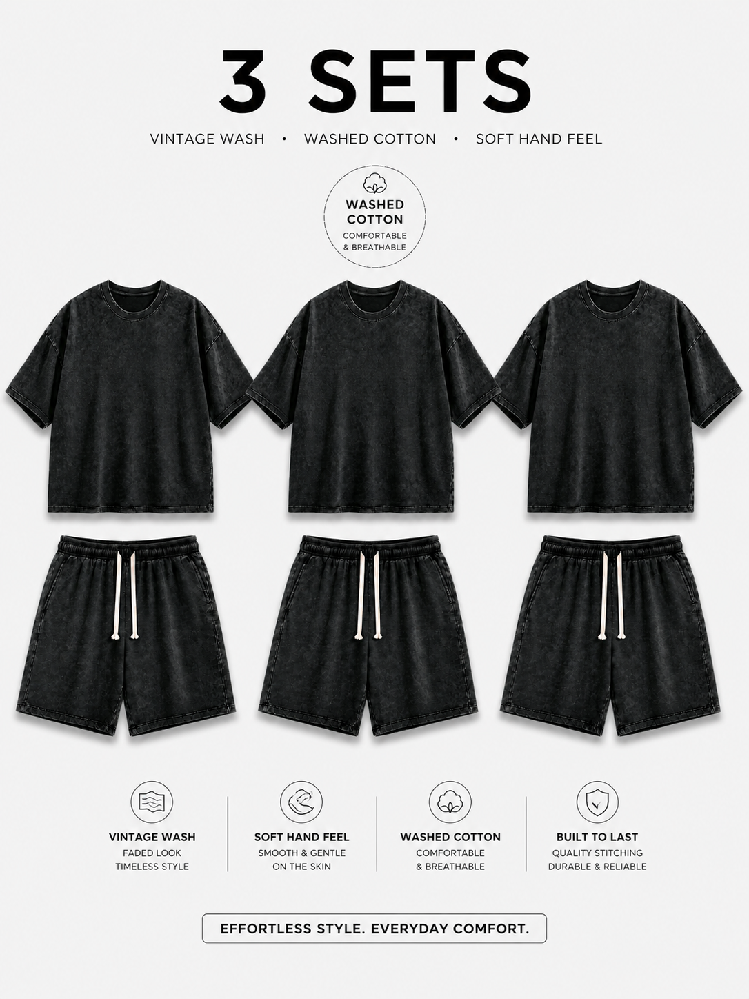 3-Sets Men's Washed Cotton T-shirt & Shorts Set