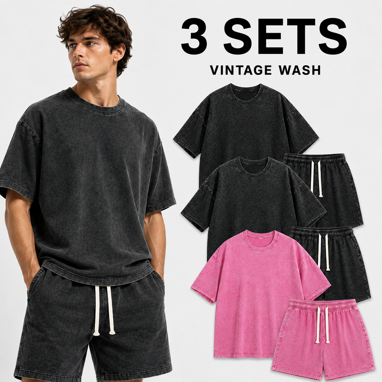 3-Sets Men's Washed Cotton T-shirt & Shorts Set