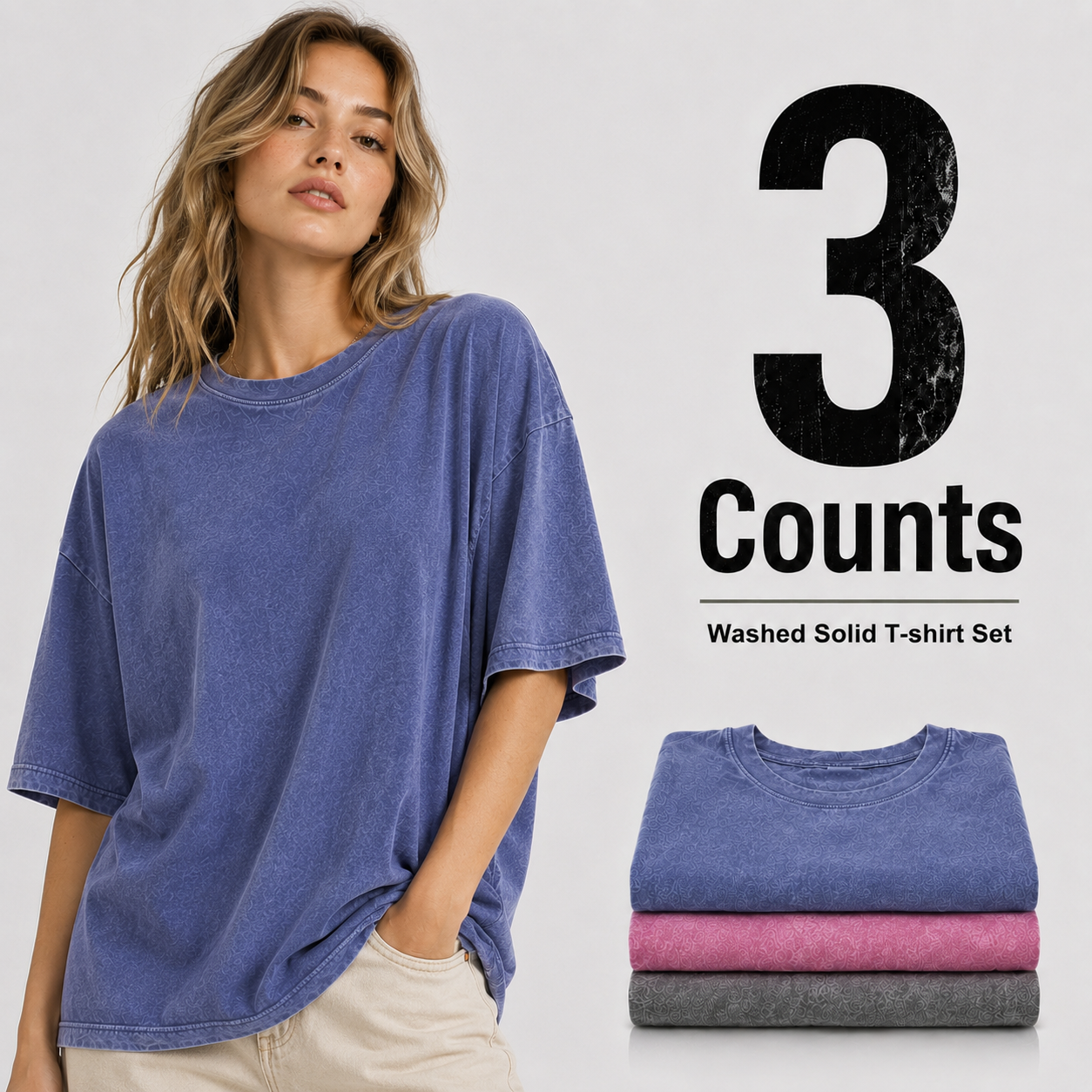 3-Piece Women's Mixed Color Washed Cotton T-Shirt