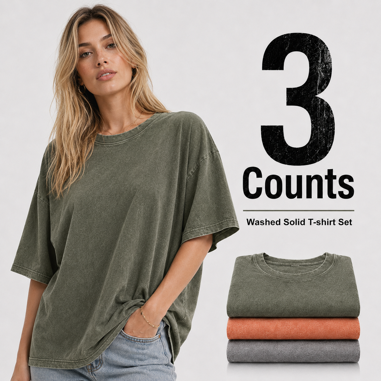 3-Piece Women's Mixed Color Washed Cotton T-Shirt