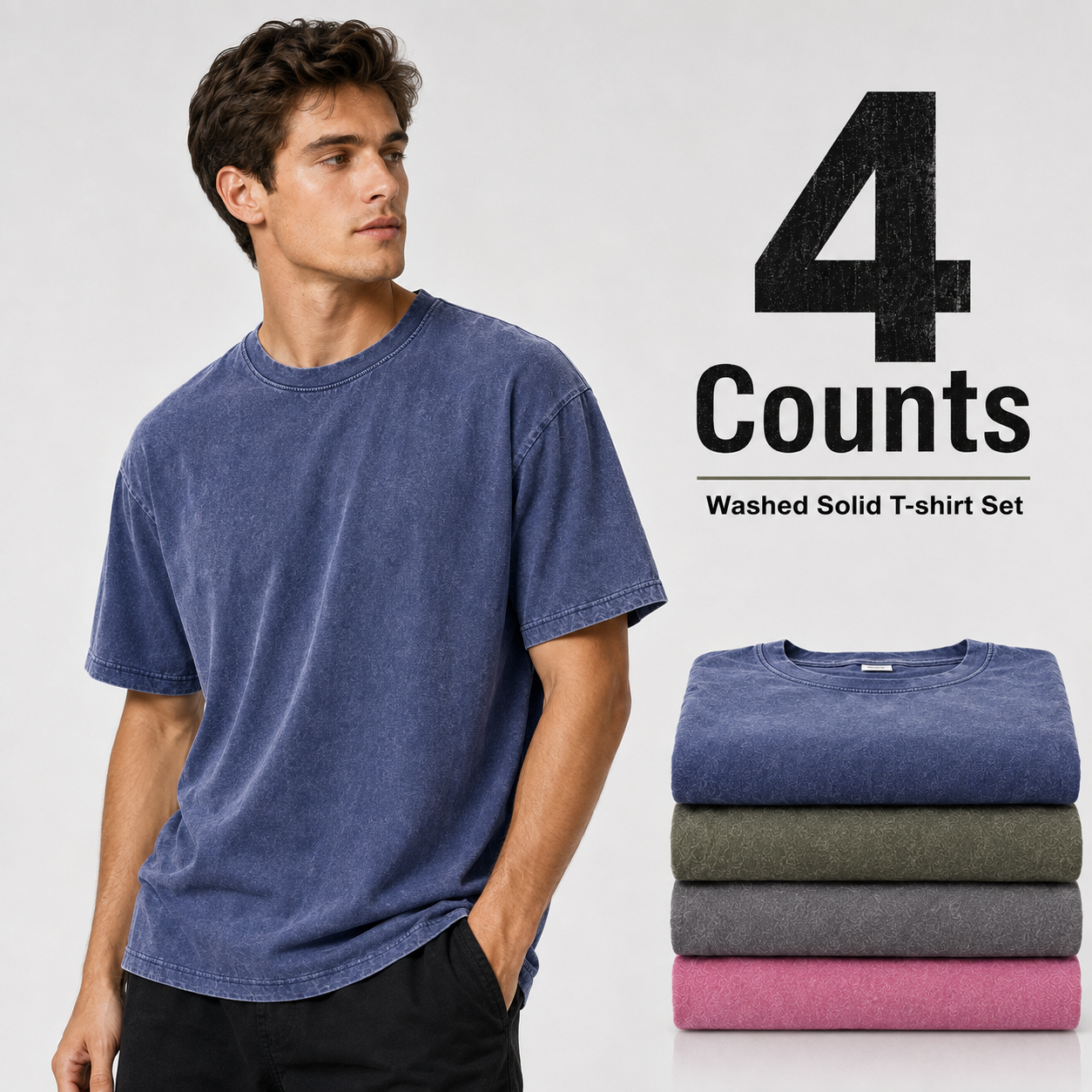 4-piece men's mixed color washed cotton T-shirt