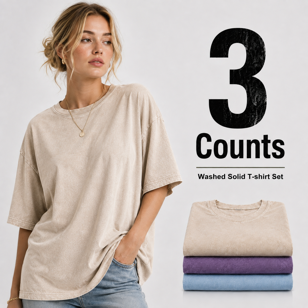 3-Piece Women's Mixed Color Washed Cotton T-Shirt