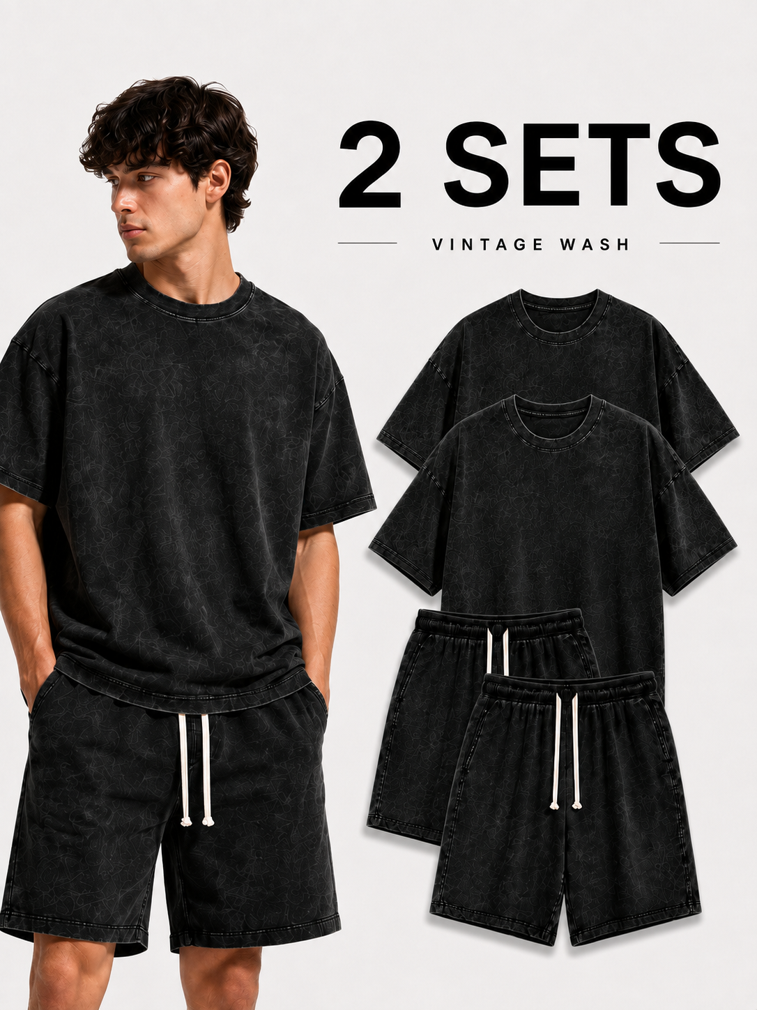 2-Sets Men's Washed Cotton T-shirt & Shorts Set