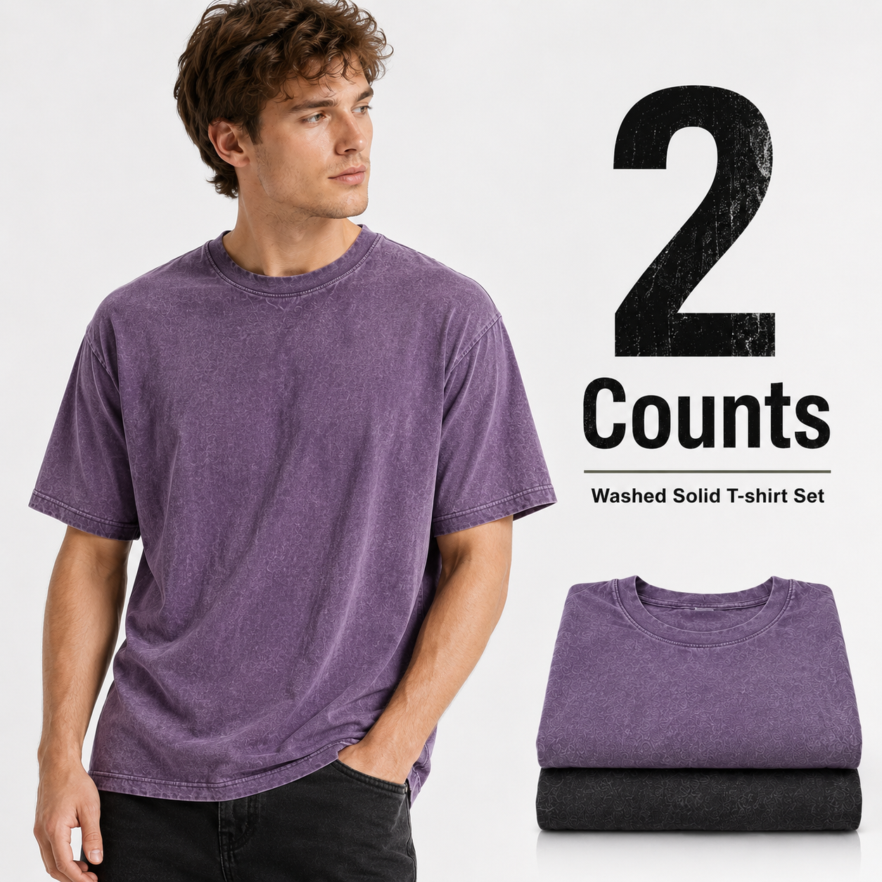 2-piece men's mixed color washed cotton T-shirt