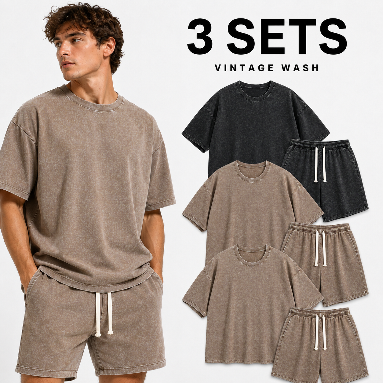 3-Sets Men's Washed Cotton T-shirt & Shorts Set