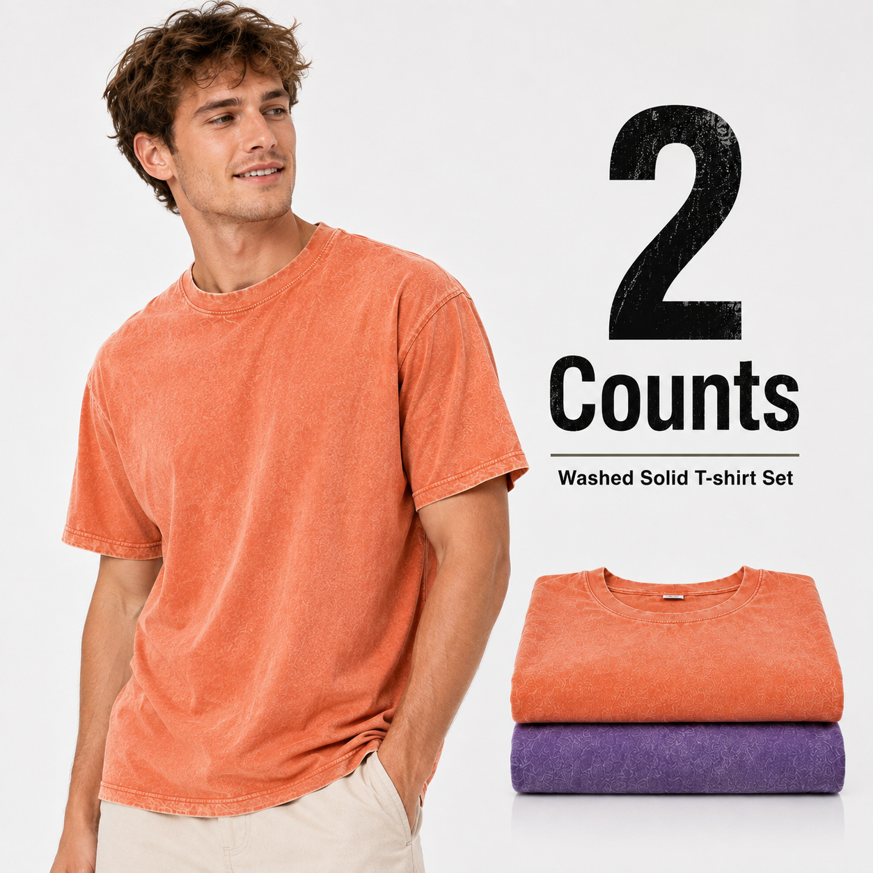 2-piece men's mixed color washed cotton T-shirt