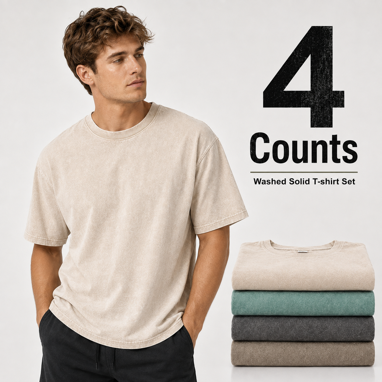 4-piece men's mixed color washed cotton T-shirt