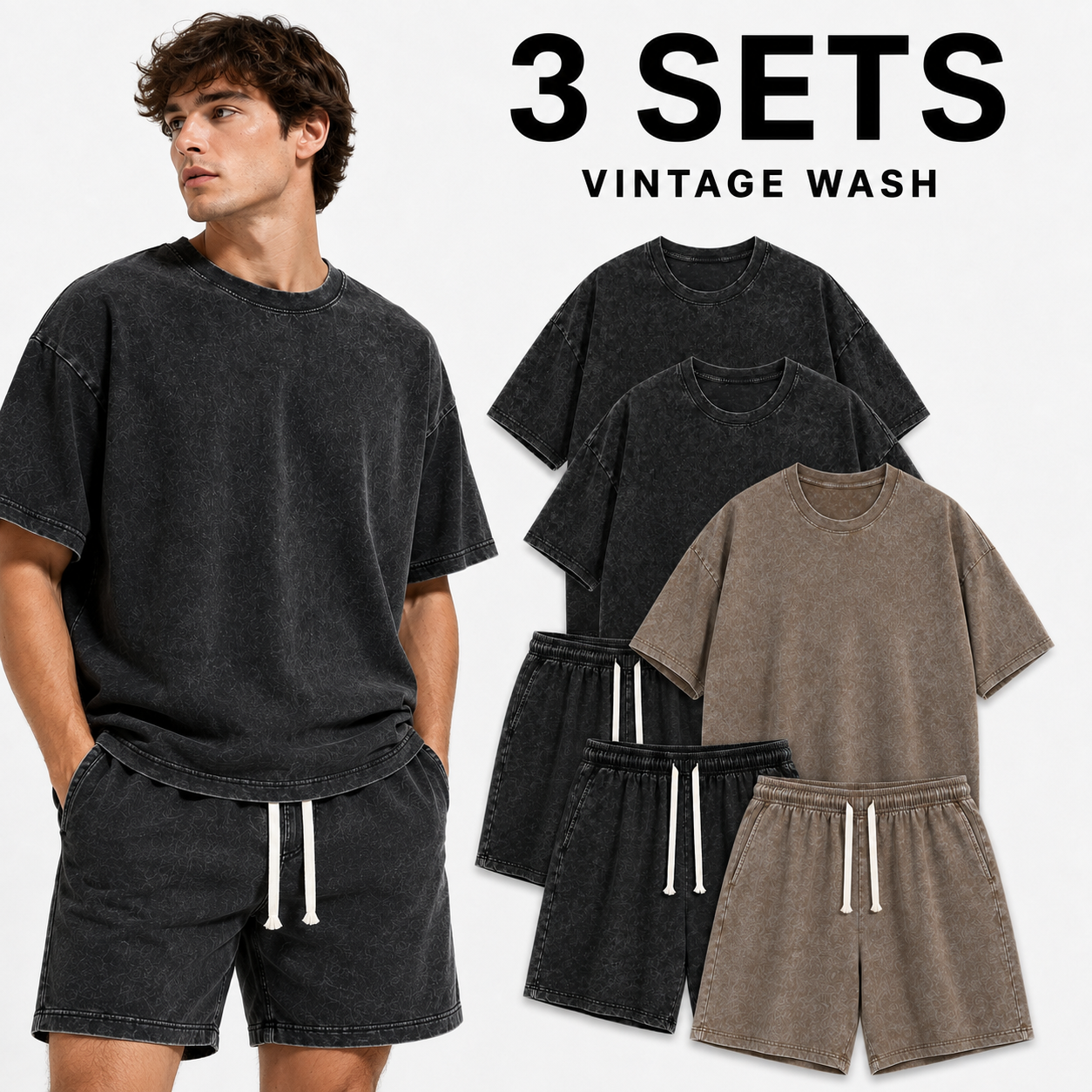 3-Sets Men's Washed Cotton T-shirt & Shorts Set