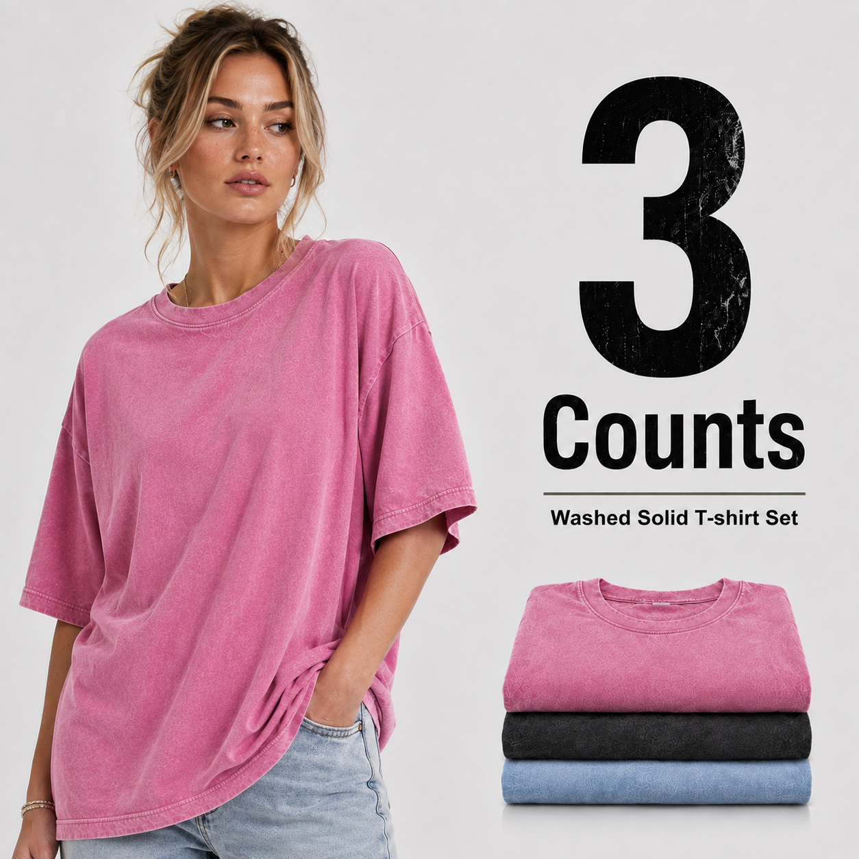 3-Piece Women's Mixed Color Washed Cotton T-Shirt