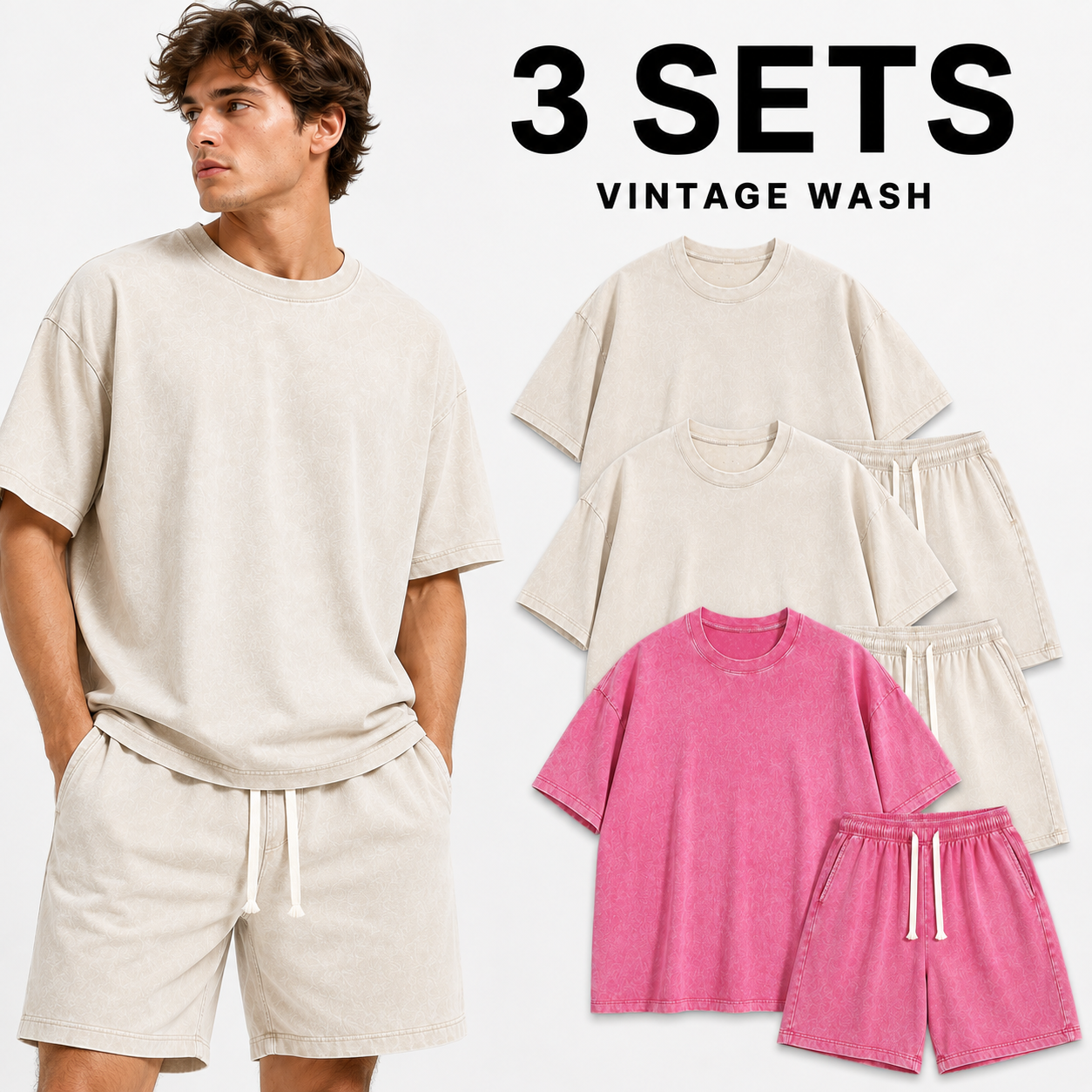 3-Sets Men's Washed Cotton T-shirt & Shorts Set