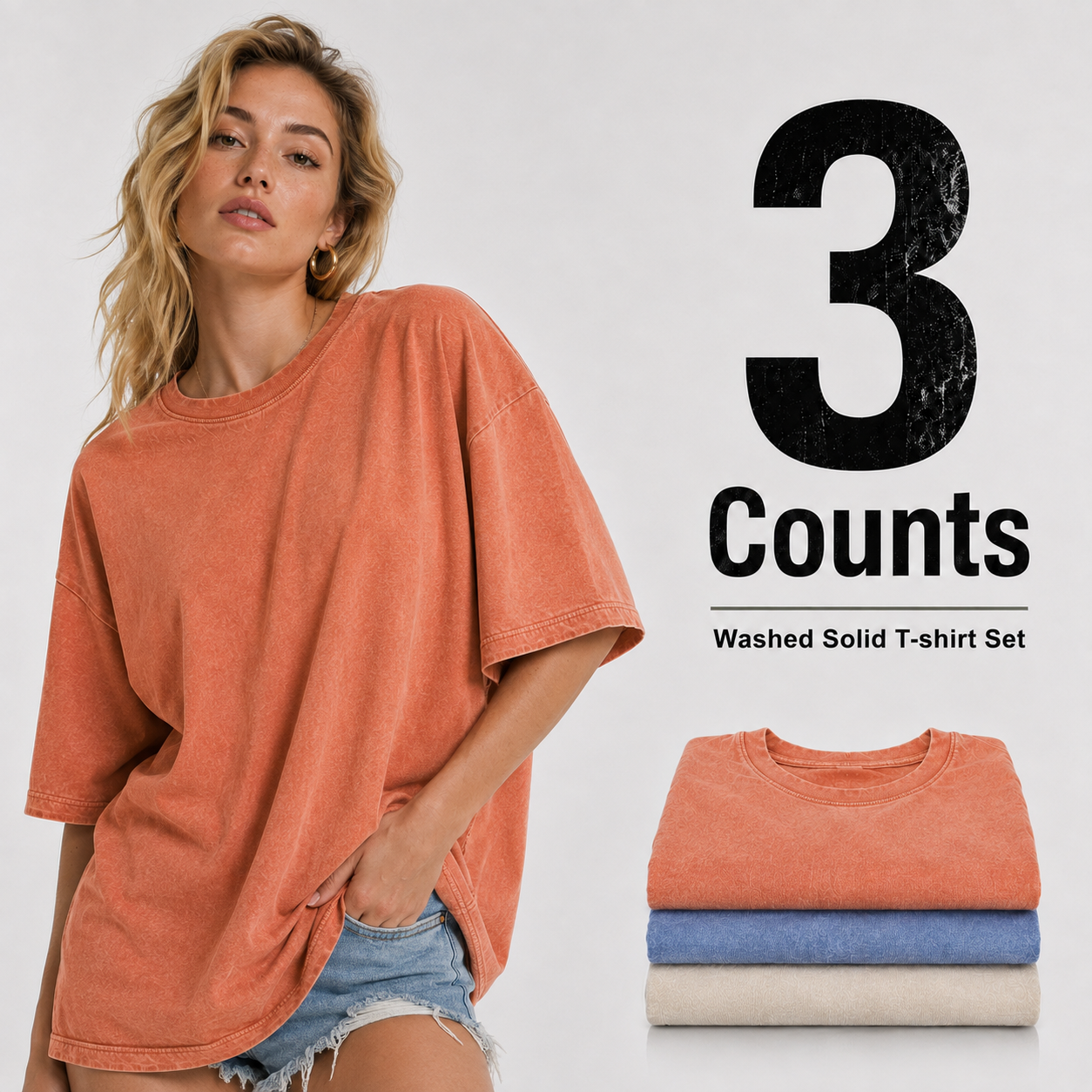 3-Piece Women's Mixed Color Washed Cotton T-Shirt