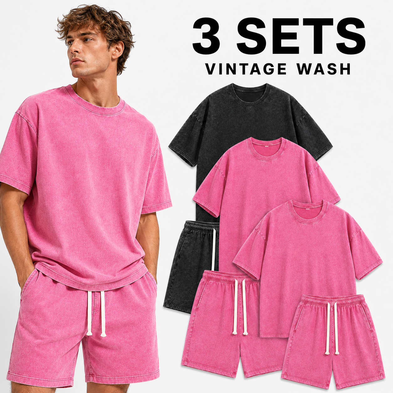3-Sets Men's Washed Cotton T-shirt & Shorts Set