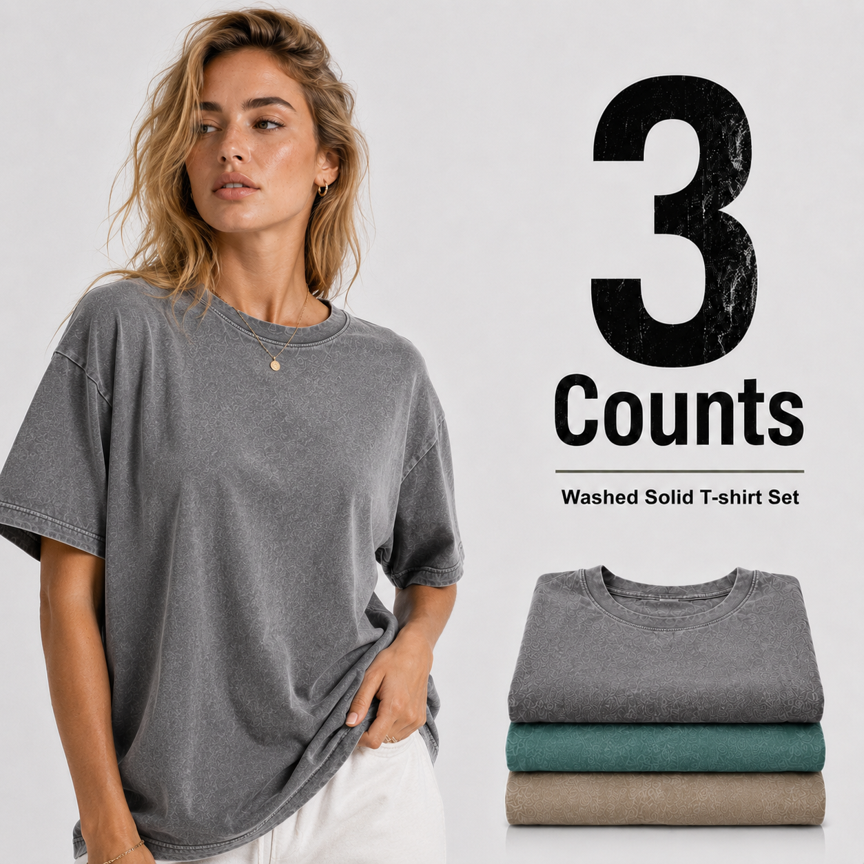 3-Piece Women's Mixed Color Washed Cotton T-Shirt