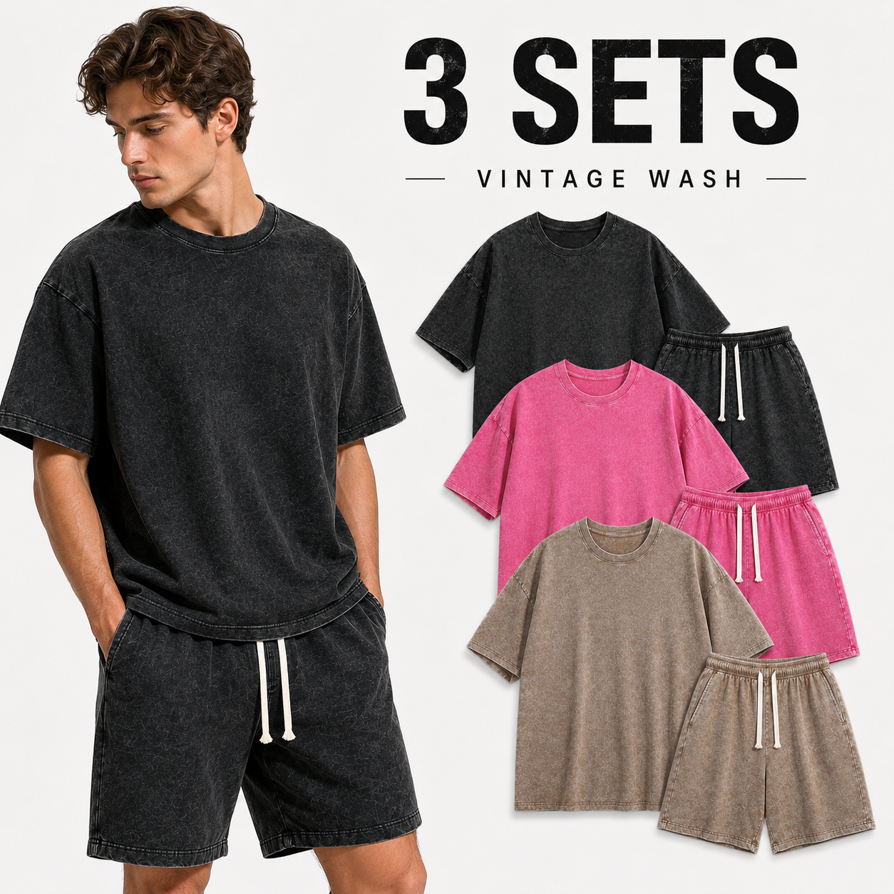 3-Sets Men's Washed Cotton T-shirt & Shorts Set