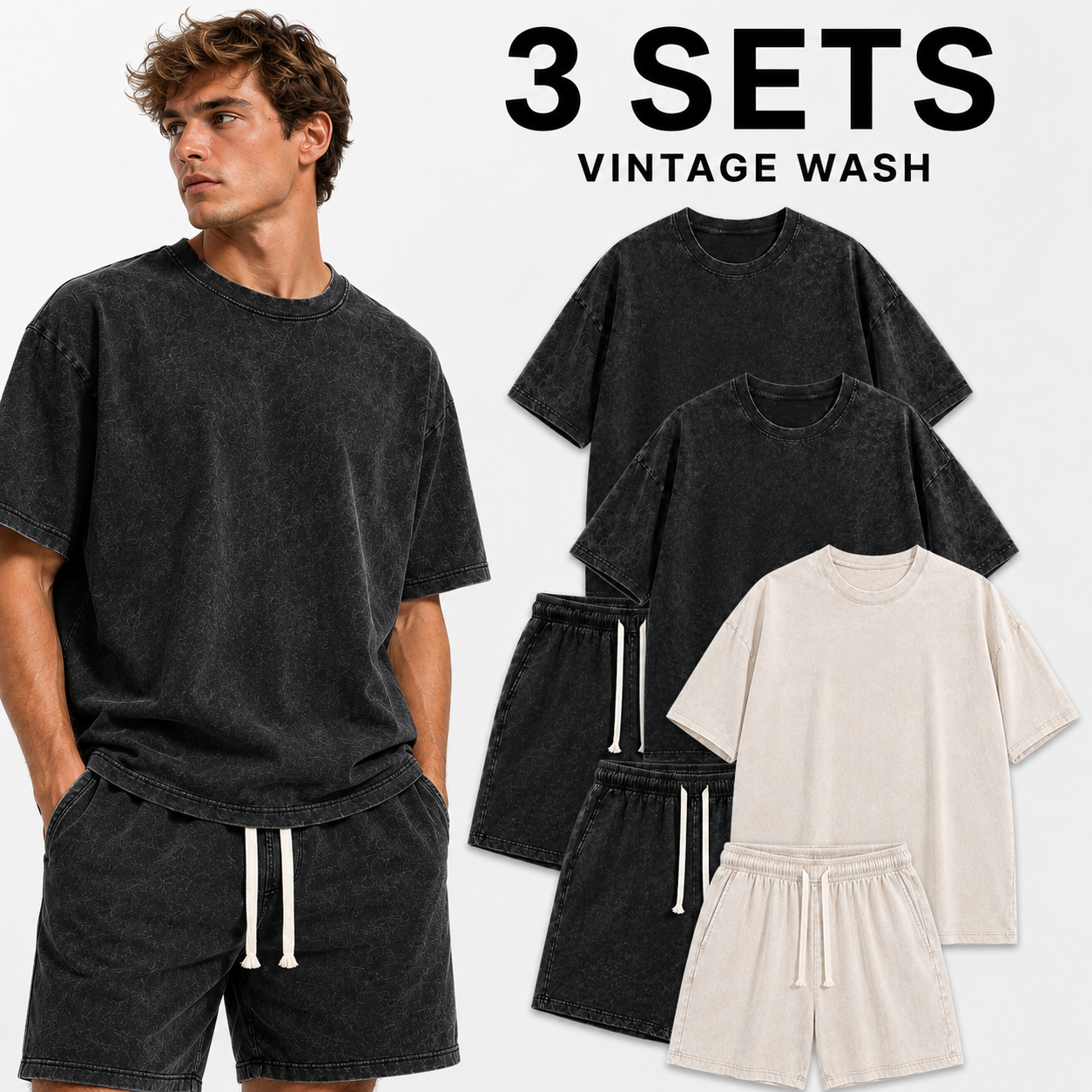 3-Sets Men's Washed Cotton T-shirt & Shorts Set
