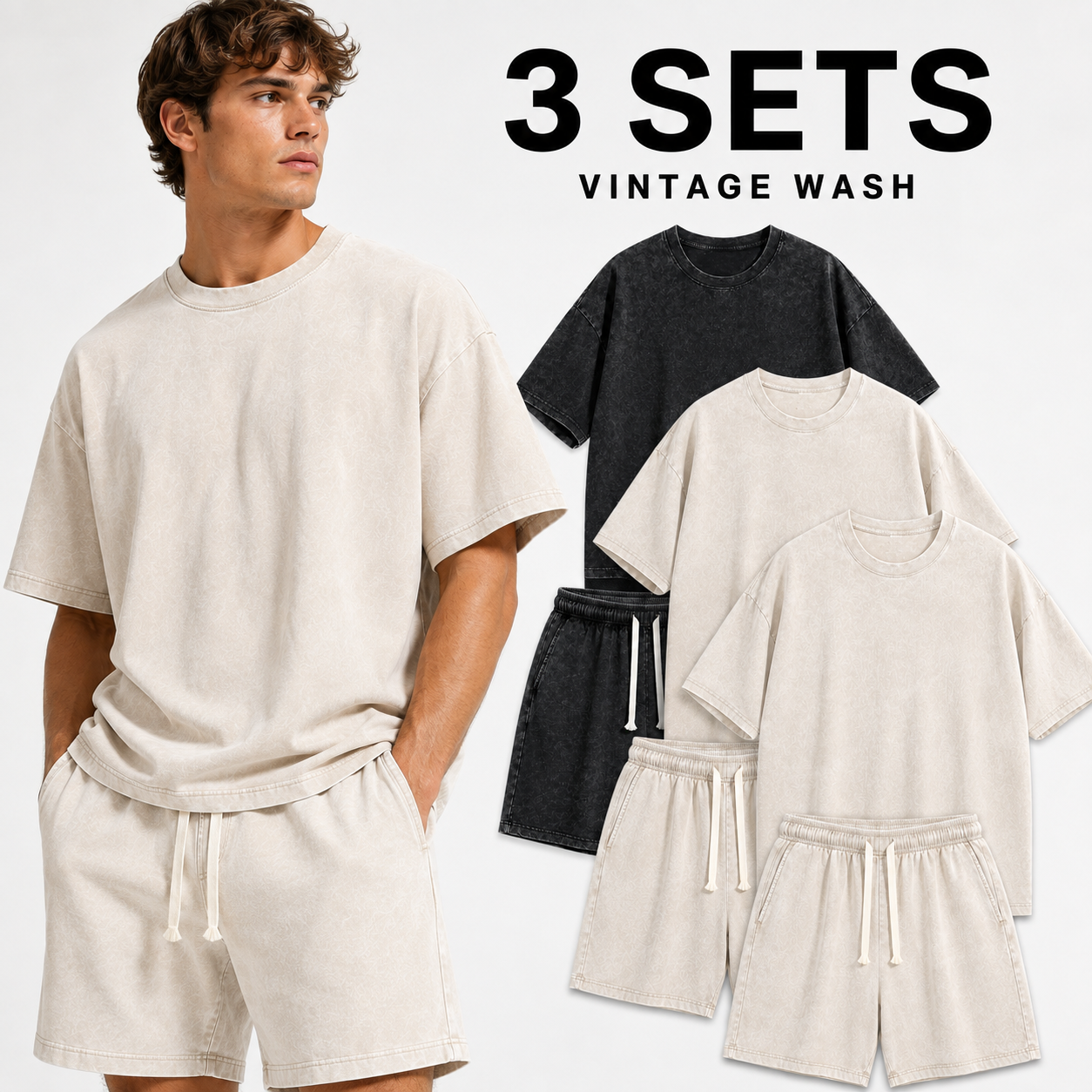 3-Sets Men's Washed Cotton T-shirt & Shorts Set