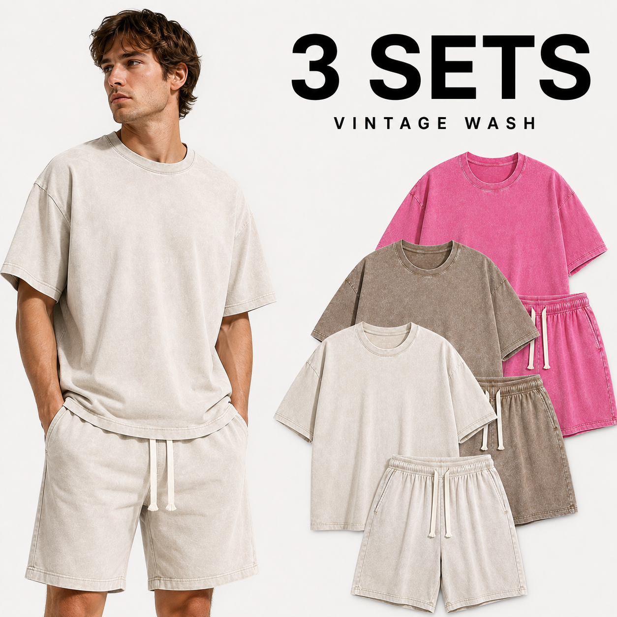 3-Sets Men's Washed Cotton T-shirt & Shorts Set
