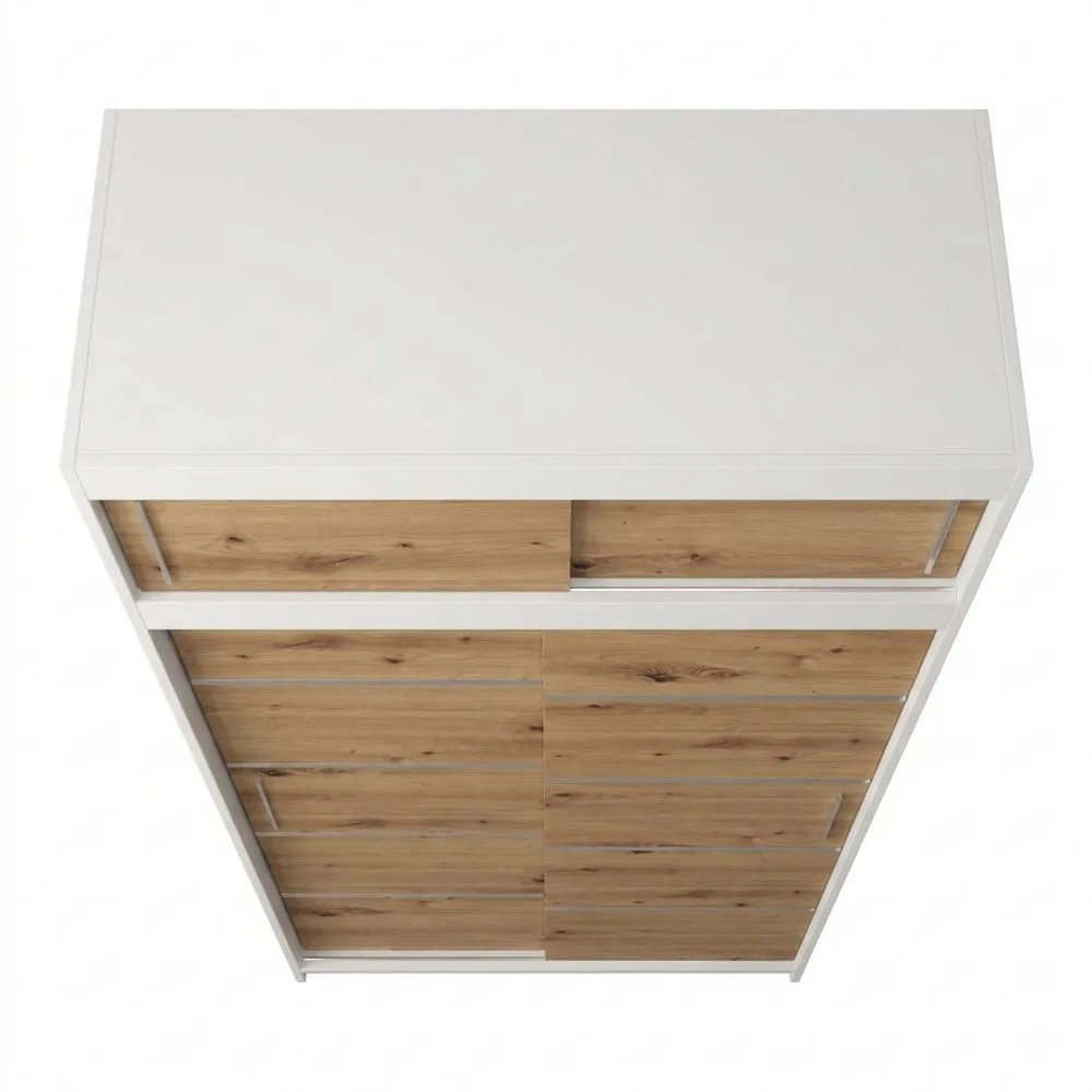 Armario de Puerta Corredera con Barra y Estante para Dormitorio en Blanco Mate y Roble