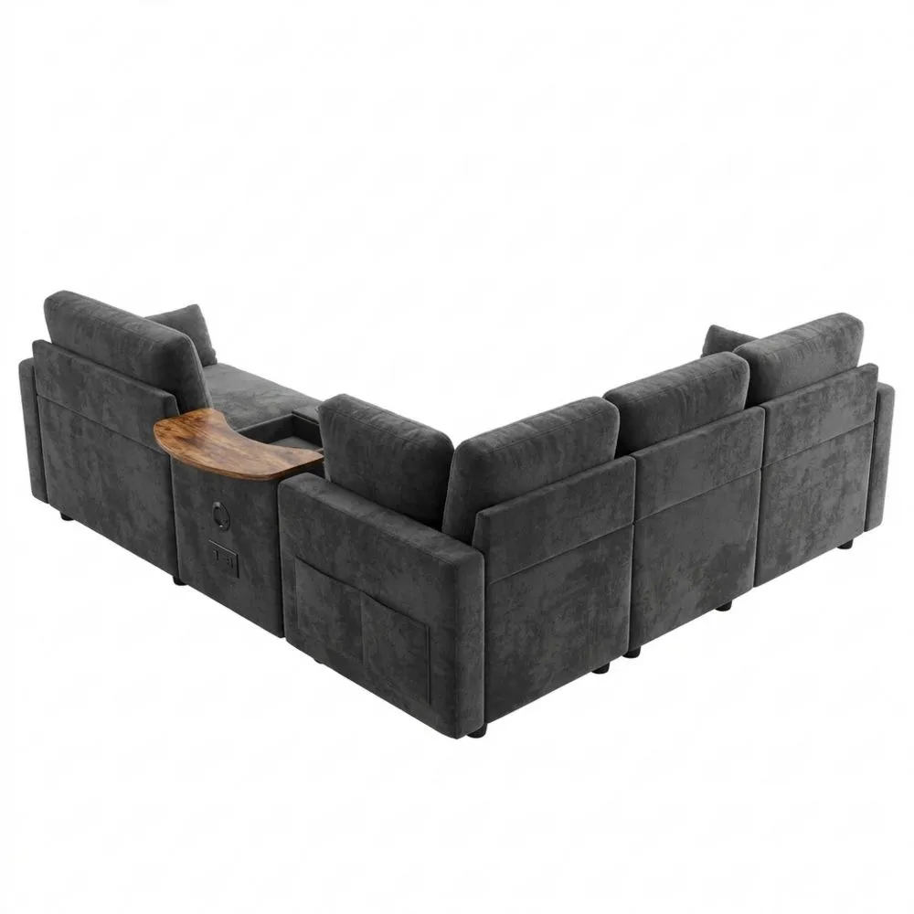 Sofá Esquinero 5 Plazas con Consola y Puerto USB para Salón