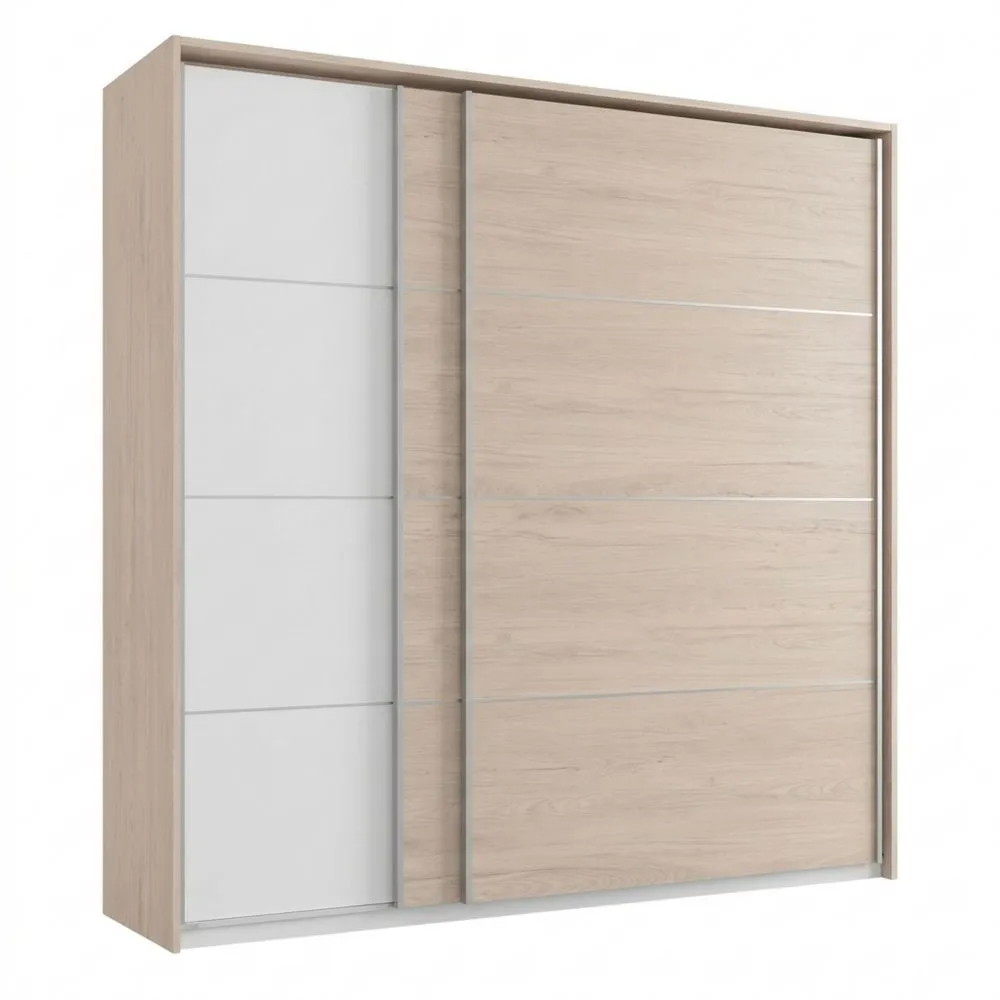 Armario Moderno con Puertas Correderas de 2 Barras en Blanco y Roble
