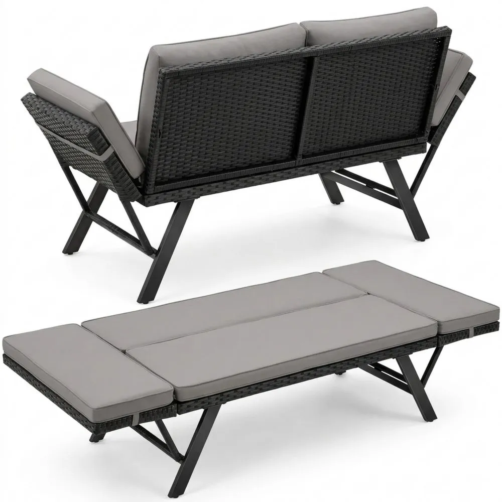 Sofá exterior de ratán con cojines gruesos para terraza y jardín - Gris Claro/Negro