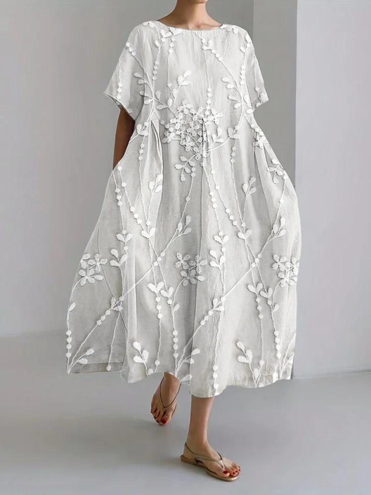 Elegant floral lace embroidery linen blend dress Dress