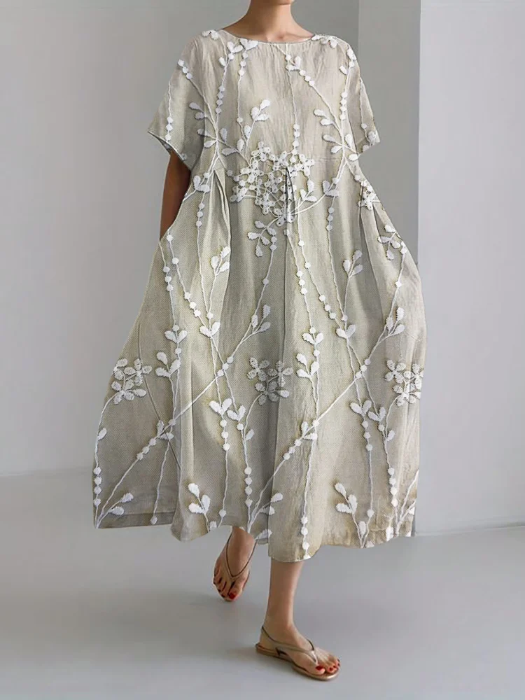 Elegant floral lace embroidery linen blend dress Dress