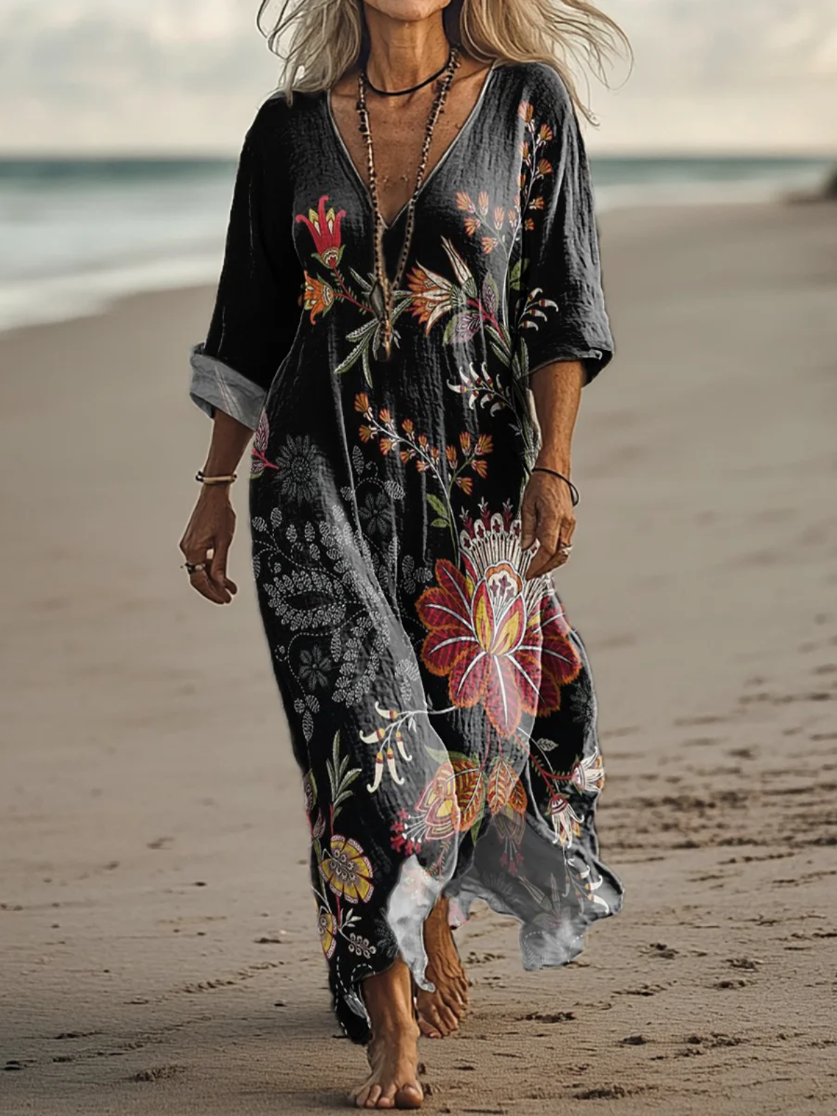 Casual V Neck Ethnic Dress