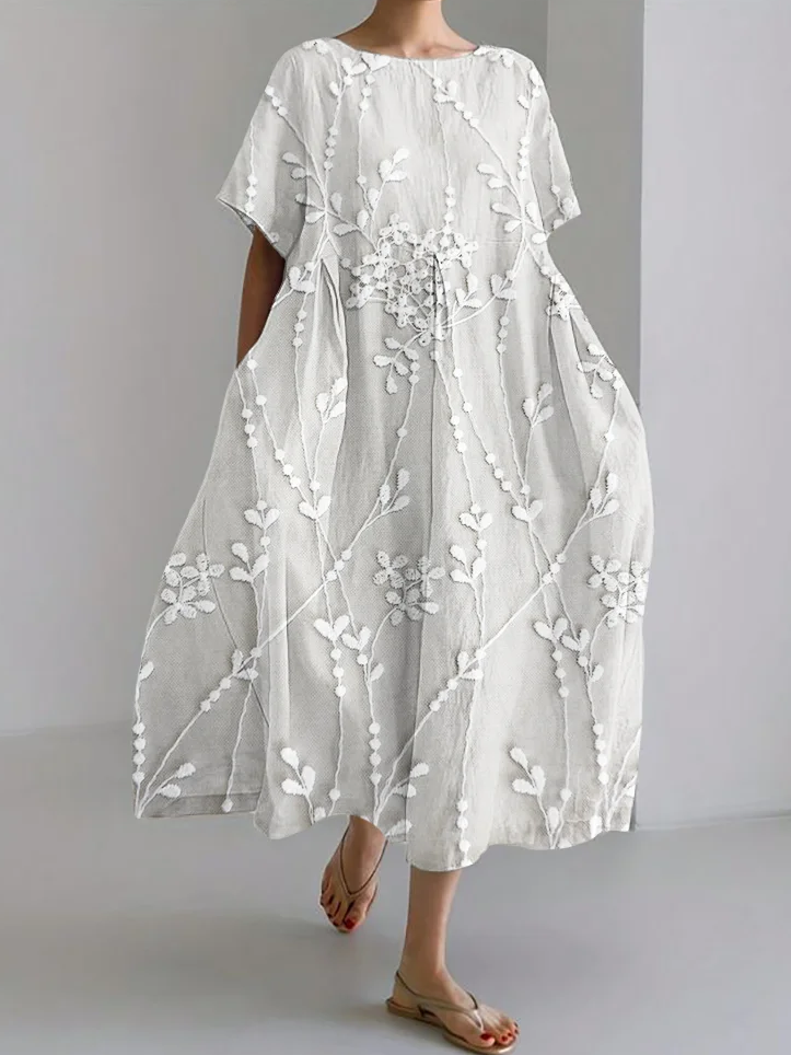 Elegant floral lace embroidery linen blend dress Dress