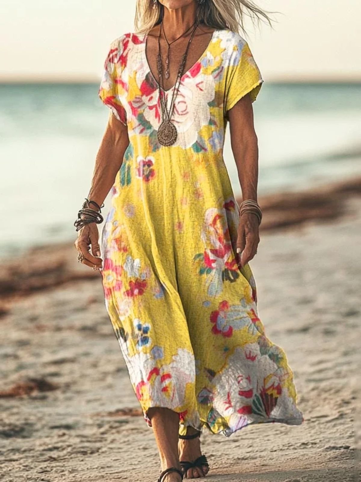 V Neck Vacation Regular Fit Cotton Dress