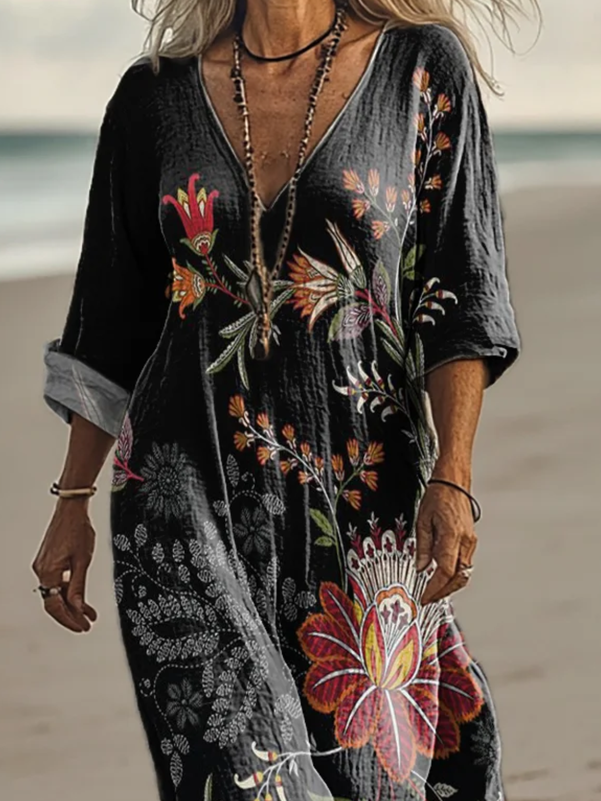 Casual V Neck Ethnic Dress