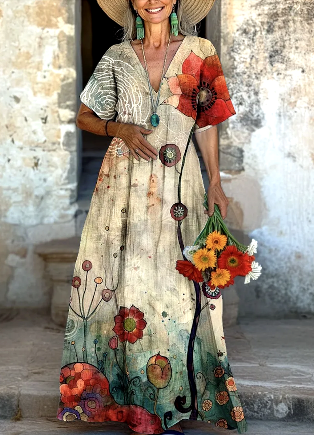 V Neck Casual Cotton Floral Dress
