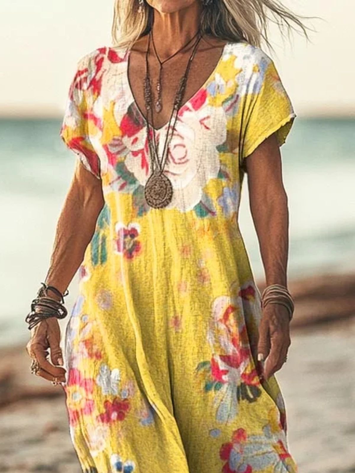 V Neck Vacation Regular Fit Cotton Dress