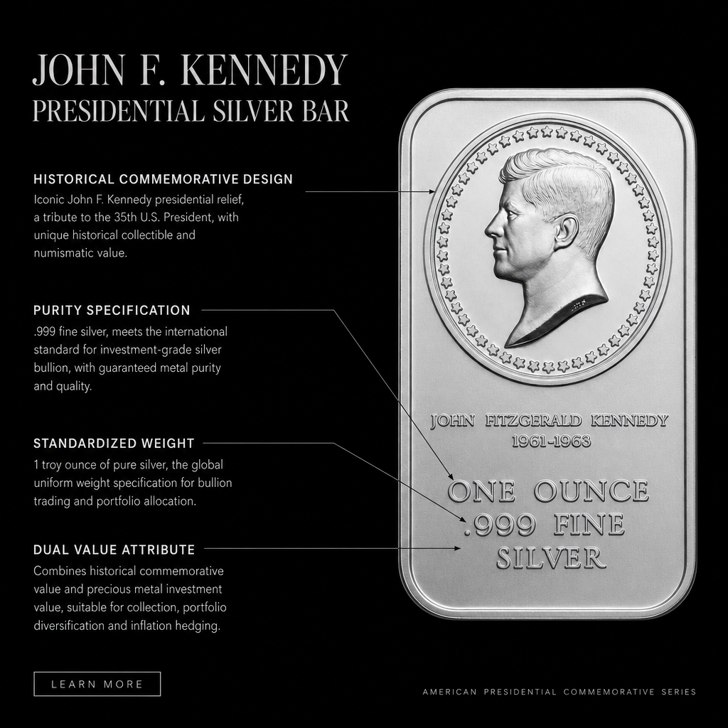 1 oz John F. Kennedy Presidential Cameos .999 Fine Silver Bar