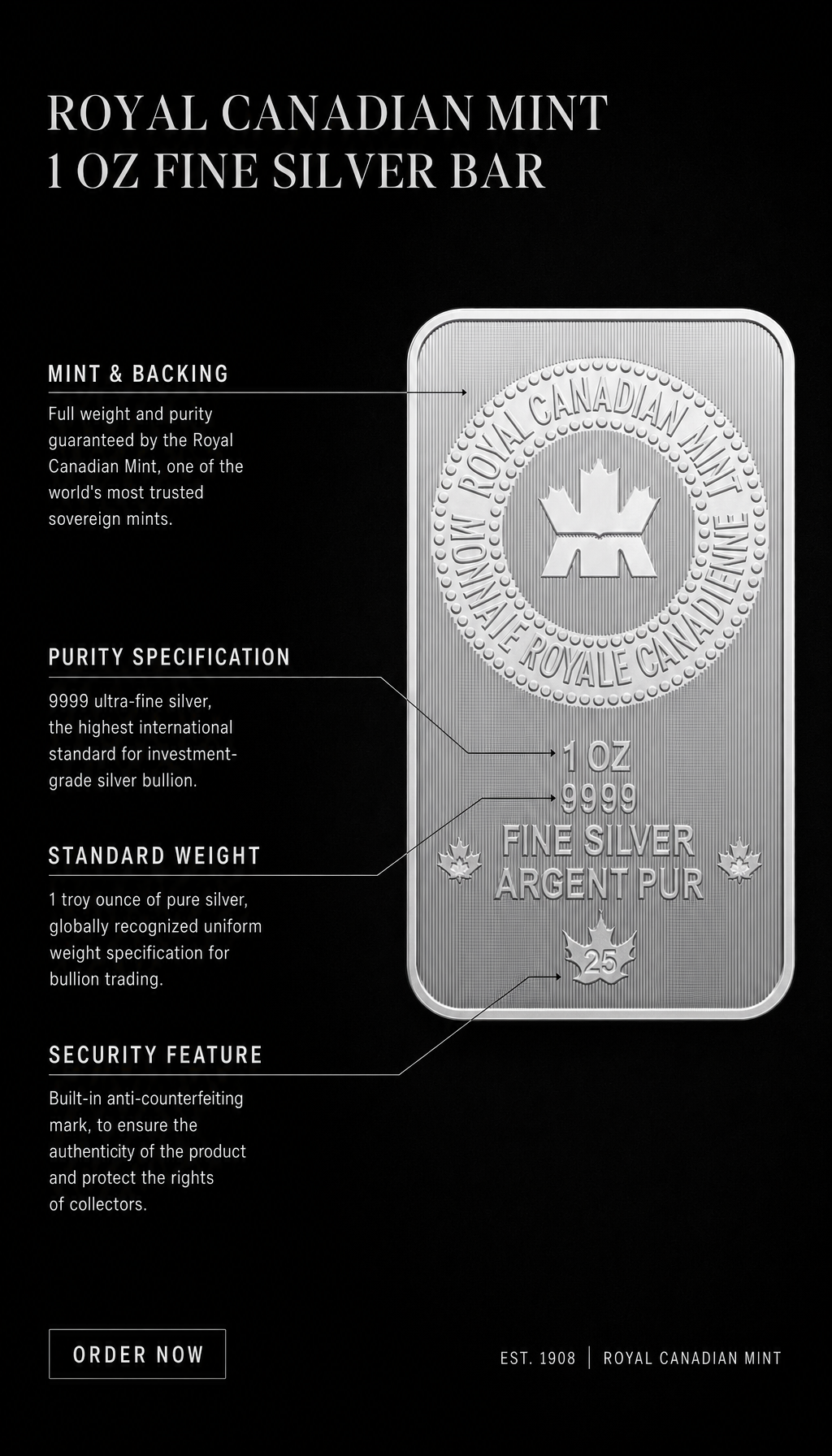 🍁2025 CANADA PREMIUM SILVER BULLION RCM Assay Packaging 1oz .9999 Silver Bar