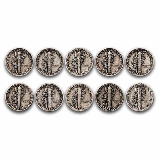 $1.00 Face Value 90% Mercury Dimes Avg Circ