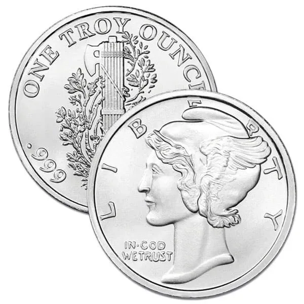 1 oz .999 Fine Silver Round Mercury Dime Design