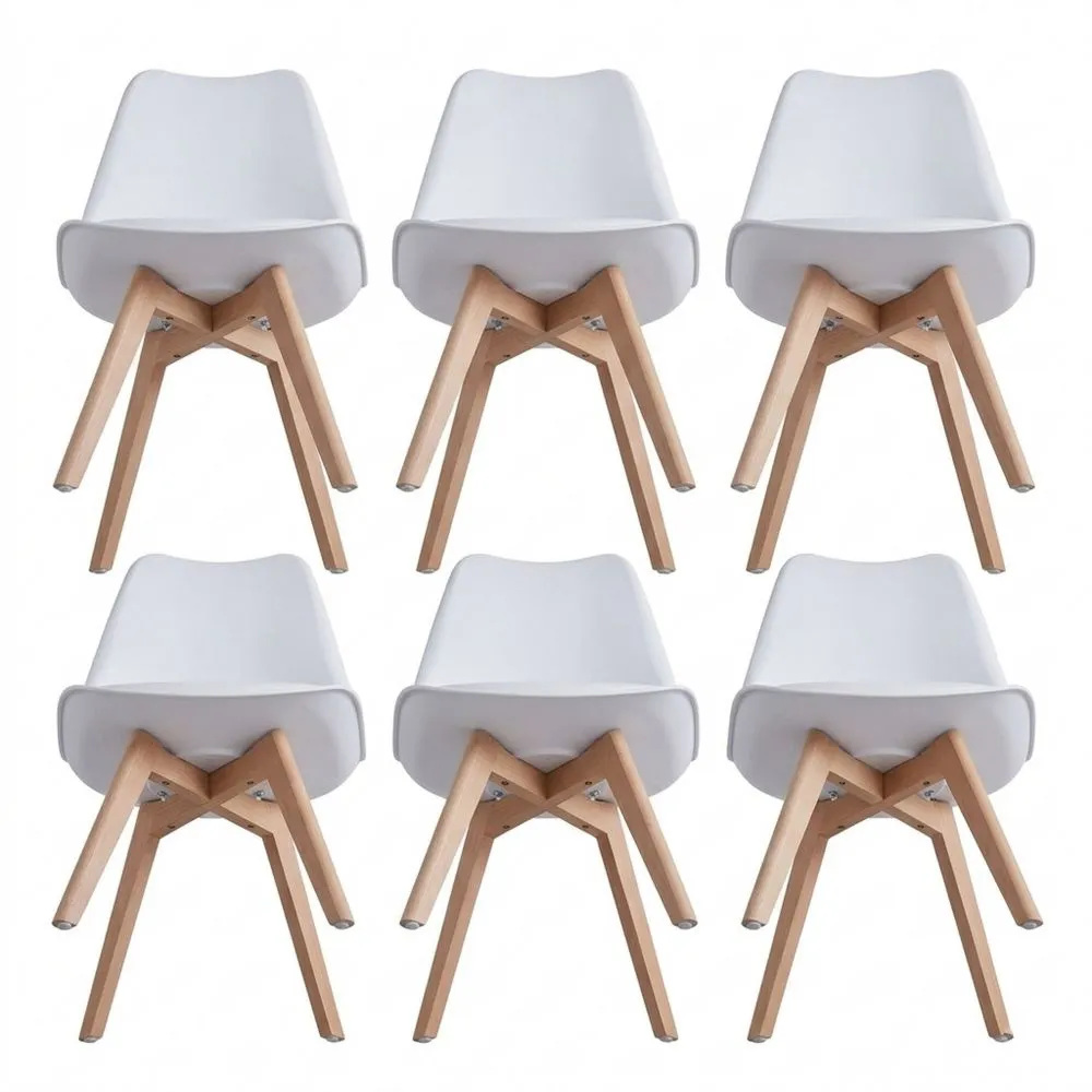 Juego de 6 sillas de comedor blancas, asiento acolchado y patas de madera de haya